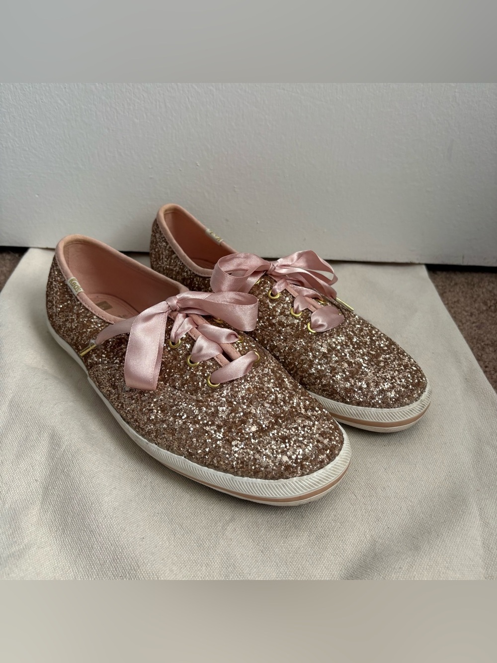 Keds x kate spade new york Gold Glitter Low Top Lace-Up Sneakers Ribbon Laces